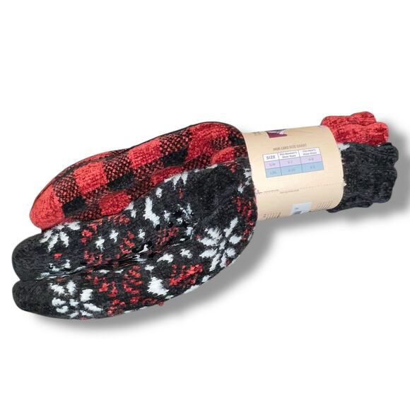 Muk Luks Buffalo Check Slipper Socks Faux Fur Lined Warm Cabin 2 Pk S/M Gift - Picture 3 of 12